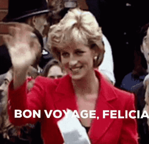A Woman In A Red Jacket Is Waving In Front Of A Crowd And The Caption Says Bon Voyage Felicia . GIF