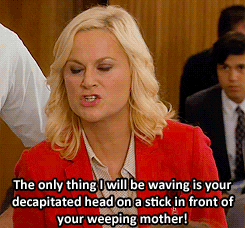 A Woman In A Red Jacket Says The Only Thing She Will Be Waving Is Your Decapitated Head On A Stick GIF