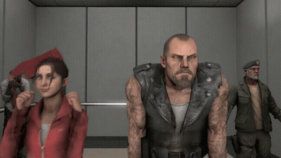 A Woman In A Red Jacket Stands Next To A Man In A Leather Jacket GIF