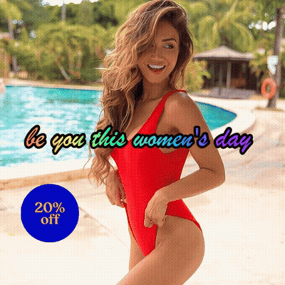 A Woman In A Red One Piece Swimsuit Stands In Front Of A Pool With The Words Be You This Women 'S Day GIF