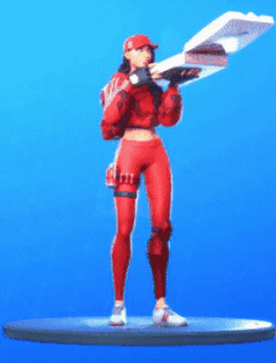 A Woman In A Red Outfit Is Holding A Pizza In Her Hands GIF