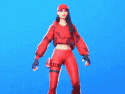 A Woman In A Red Outfit Is Standing In Front Of A Blue Background And Pointing Up . GIF