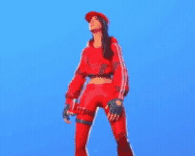 A Woman In A Red Outfit Is Standing In Front Of A Blue Background . GIF