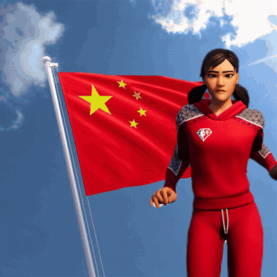 A Woman In A Red Outfit Is Standing In Front Of A Flag GIF