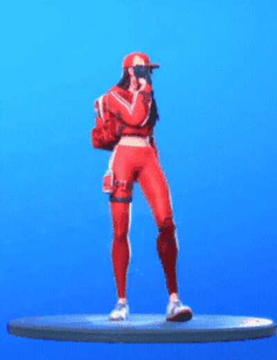A Woman In A Red Outfit Is Standing On A Blue Background Holding A Gun And Pointing . GIF