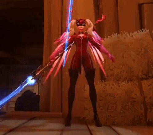 A Woman In A Red Outfit With Pink Wings Is Holding A Blue Sword GIF
