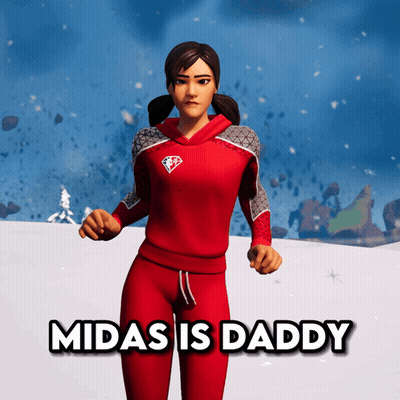 A Woman In A Red Outfit With The Words Midas Is Daddy GIF