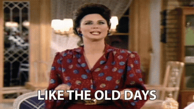 A Woman In A Red Polka Dot Shirt Is Saying Like The Old Days GIF
