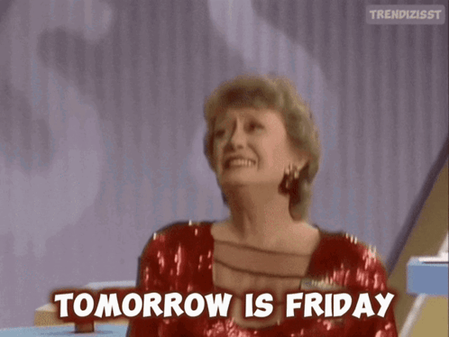 A Woman In A Red Sequined Dress Is Laughing And Saying Tomorrow Is Friday GIF