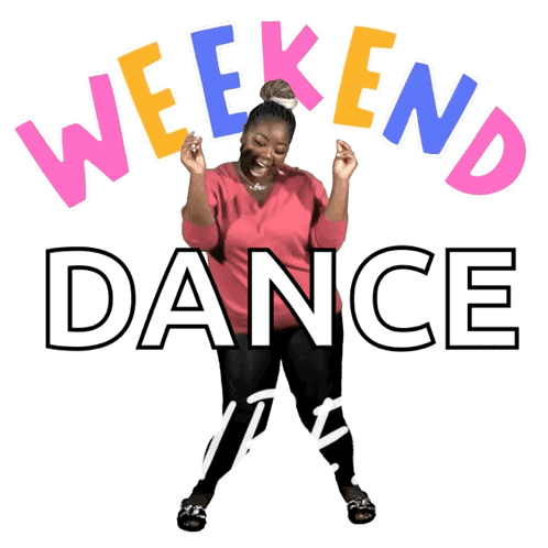A Woman In A Red Shirt Is Dancing In Front Of The Words Weekend Dance GIF
