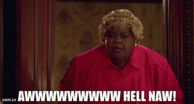 A Woman In A Red Shirt Is Standing In Front Of A Window And Saying Awwwwww Hell Naw . GIF