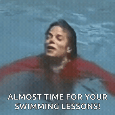 A Woman In A Red Shirt Is Swimming In A Pool With The Words Almost Time For Your Swimming Lessons . GIF