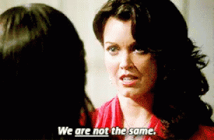 A Woman In A Red Shirt Is Talking To Another Woman And Says " We Are Not The Same " GIF