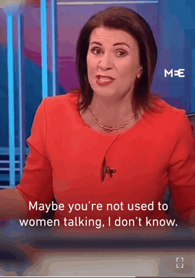 A Woman In A Red Shirt Says " Maybe You 'Re Not Used To Women Talking " GIF