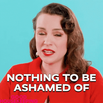 A Woman In A Red Shirt Says Nothing To Be Ashamed Of On A Blue Background GIF
