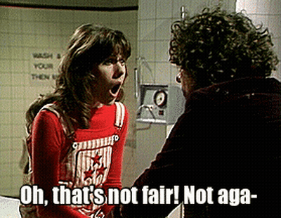 A Woman In A Red Shirt Says Oh That 'S Not Fair ! Not Aga .. GIF