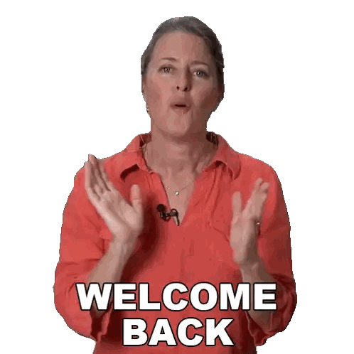 A Woman In A Red Shirt Says " Welcome Back " Sticker