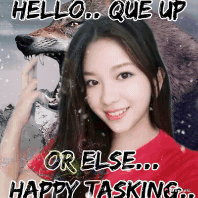 a woman in a red shirt with a wolf in the background