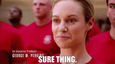 A Woman In A Red Shirt With George W. Perkins Sure Thing On The Bottom GIF