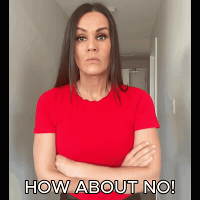 A Woman In A Red Shirt With Her Arms Crossed And The Words How About No GIF