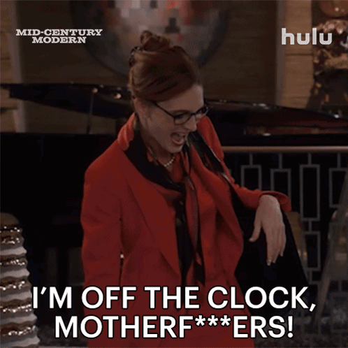 A Woman In A Red Suit Says I 'M Off The Clock Motherf***ers GIF