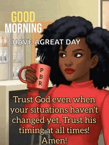 A Woman In A Red Sweater Is Holding A Red Cup Of Coffee With A Quote About Trusting God . GIF