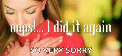 A Woman In A Red Sweater Is Holding Her Chest And Says Oops I Did It Again So Very Sorry GIF