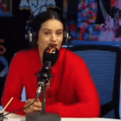A Woman In A Red Sweater Is Sitting At A Table In Front Of A Microphone . GIF