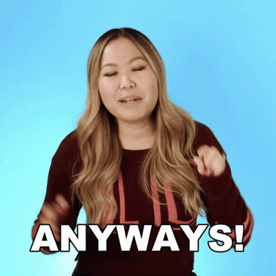 A Woman In A Red Sweater Says Anyways In White Letters GIF