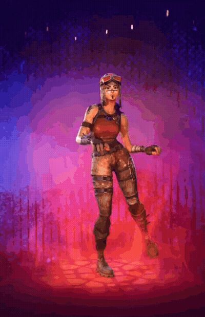A Woman In A Red Top And Brown Pants Is Standing In Front Of A Purple And Red Background . GIF