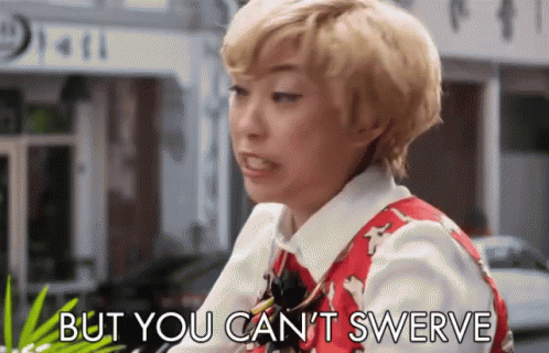 A Woman In A Red Vest And White Shirt Says But You Can 'T Swerve GIF