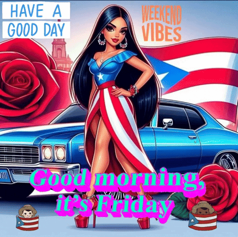 A Woman In A Red White And Blue Dress Is Standing In Front Of A Blue Car And Roses .. GIF