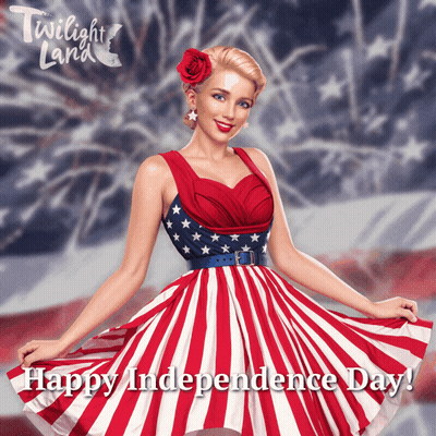 A Woman In A Red White And Blue Dress With The Words Happy Independence Day On The Bottom GIF
