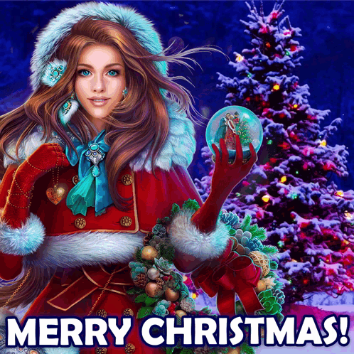 A Woman In A Santa Outfit Is Holding A Snow Globe In Front Of A Christmas Tree And Says Merry Christmas GIF