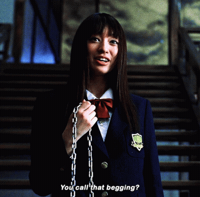 A Woman In A School Uniform Is Holding A Chain And Asking If She Can Call That Begging GIF