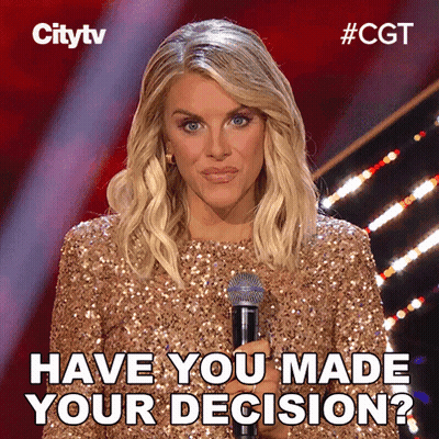 A Woman In A Sequined Dress Is Holding A Microphone And Asking Have You Made Your Decision GIF