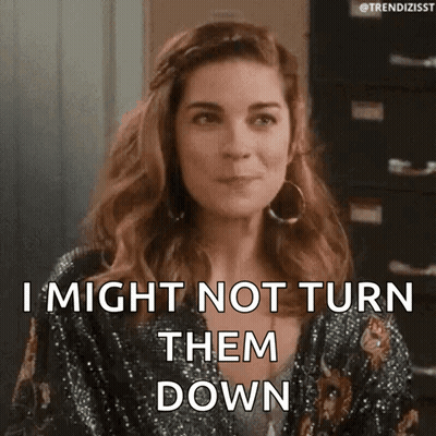 A Woman In A Sequined Jacket Is Saying I Might Not Turn Them Down . GIF