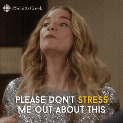 A Woman In A Sequined Top Says " Please Don 'T Stress Me Out About This " GIF