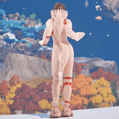 A Woman In A Shark Costume Stands In Front Of A Mountain GIF