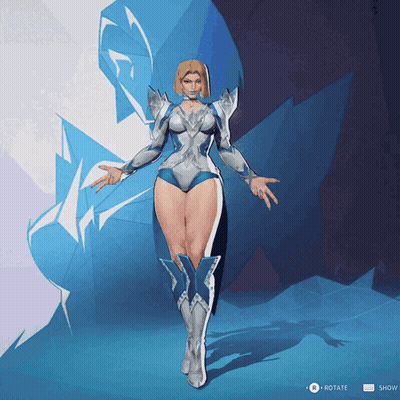 A Woman In A Silver And Blue Outfit Is Standing In Front Of A Blue And White Background With The Words Rotate And Show B GIF