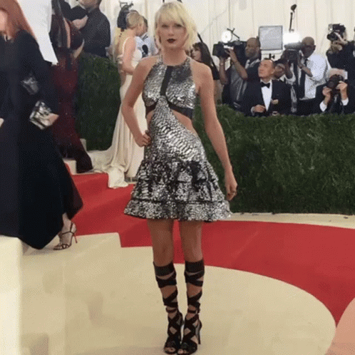 A Woman In A Silver Dress Stands On A Red Carpet In Front Of A Crowd Of People GIF
