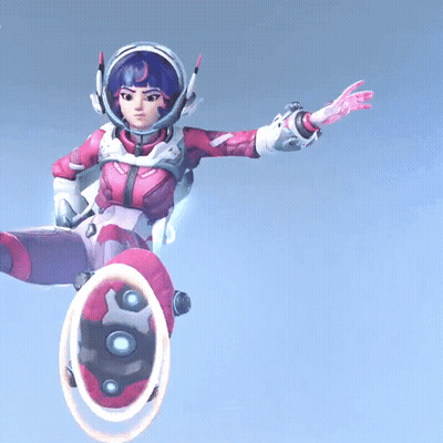 A Woman In A Space Suit Is Flying Through The Air With Her Arms Outstretched GIF