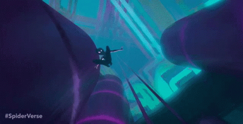 A Woman In A Spider-Man Costume Is Dancing In A Purple Room . GIF