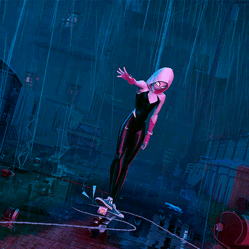 A Woman In A Spider-Man Costume Is Holding A Lightning Bolt GIF