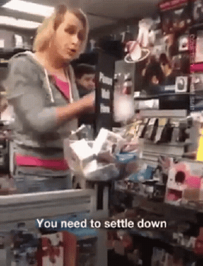A Woman In A Store With The Words You Need To Settle Down GIF