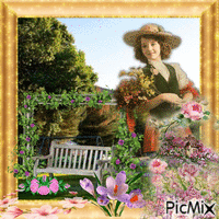 A Woman In A Straw Hat Is Surrounded By Pink Flowers GIF