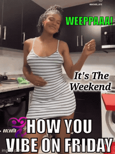A Woman In A Striped Dress Is Dancing In A Kitchen With The Words " How You Vibe On Friday " GIF
