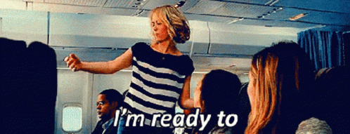 A Woman In A Striped Shirt Says I 'M Ready To On A Plane GIF