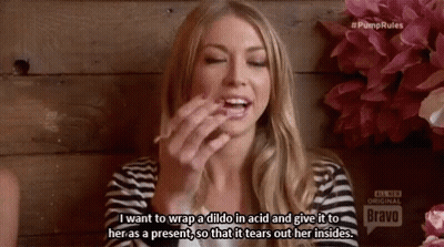A Woman In A Striped Shirt Says I Want To Wrap A Dildo In Acid And Give It To Her GIF