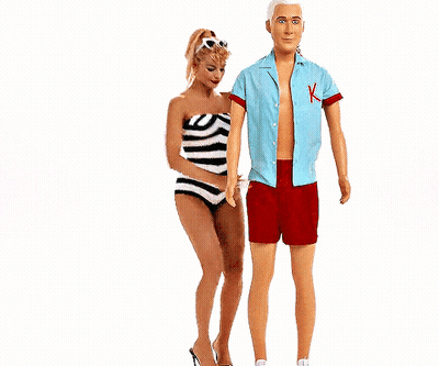 A Woman In A Striped Swimsuit And A Man In A Red Shirt With The Letter K On It GIF